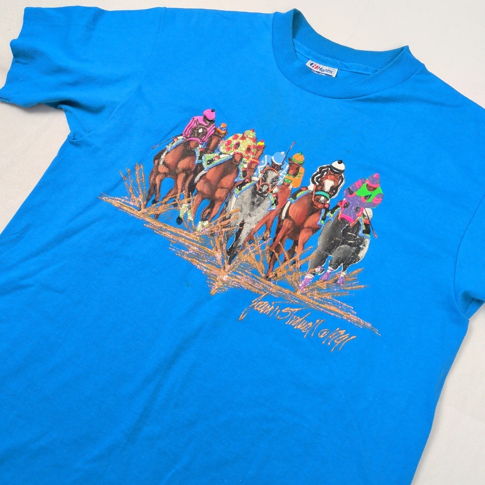 Vintage 90s Hanes Horse Race Puff Print Glitter T-Shirt Blue Large Single Stitch